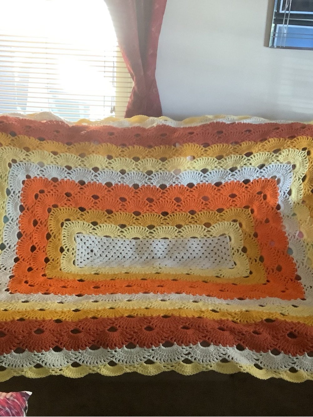 Handmade Crochet Throw Blanket in Orange, Yellow & White